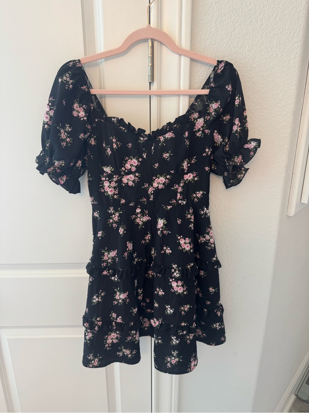 Floral Sweetheart-Neck Ruffle Mini Dress - Black with Pink Floral